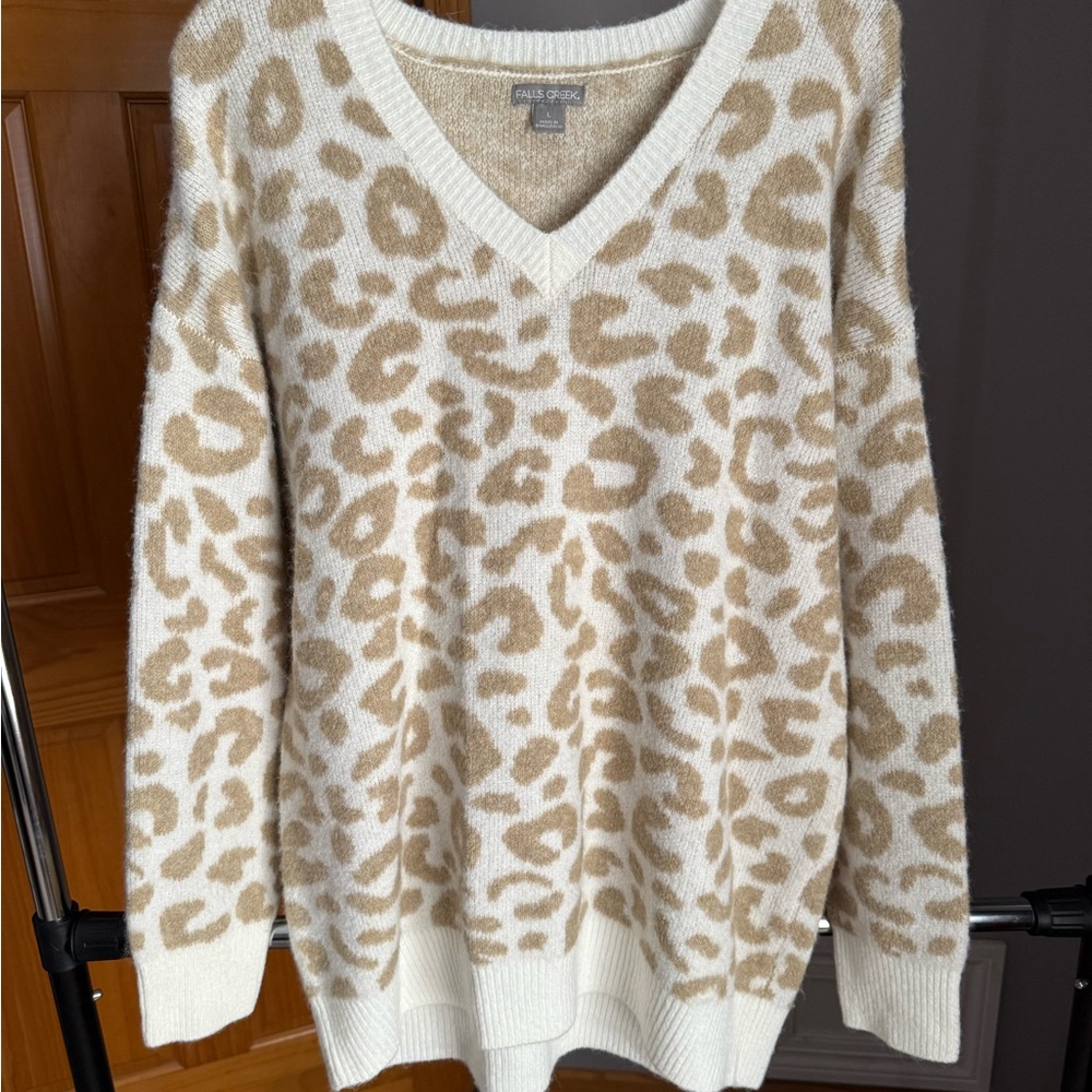 Falls Creek Cream and Tan Leopard V-Neck Sweater